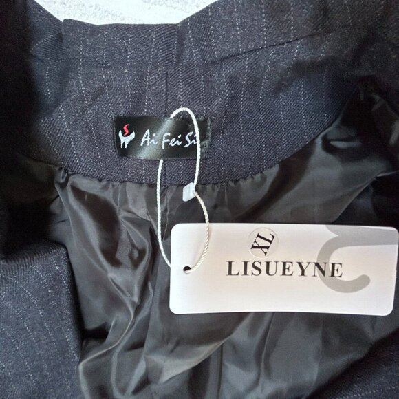 Ai Fei Si Lisueyne Pinstripe 2 Button Double Breasted Suit Jacket XL Black New - Picture 3 of 9